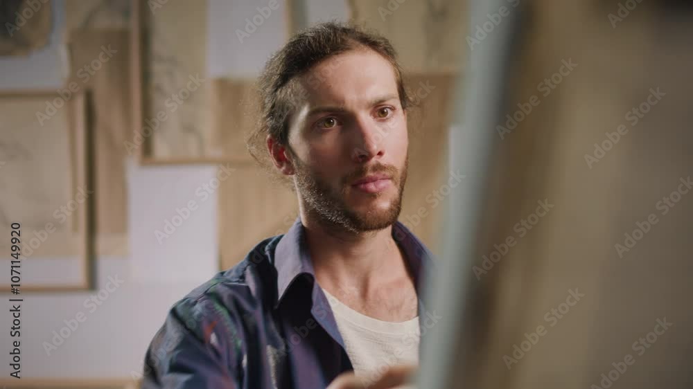 An Artist Draws in His Studio to Relieve Stress and Enhance Mental Well-Being. Highlights the Importance of Art in Emotional Self-Regulation and the Role of Creativity in Stress Reduction Health.