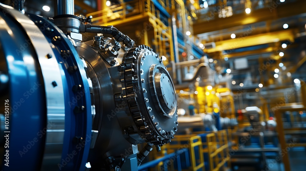 A large industrial machine with a blue and yellow casing. The machine is surrounded by yellow pipes and is lit up by bright lights. Concept of industrial power and efficiency A large industrial machine with a blue and yellow casing. The machine is surrounded by yellow pipes and is lit up by bright lights. Concept of industrial power and efficiency