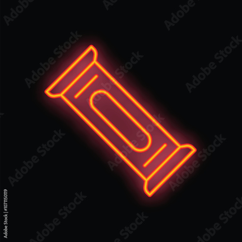 Red neon sign showing a flexible plastic package used for food, isolated on black background