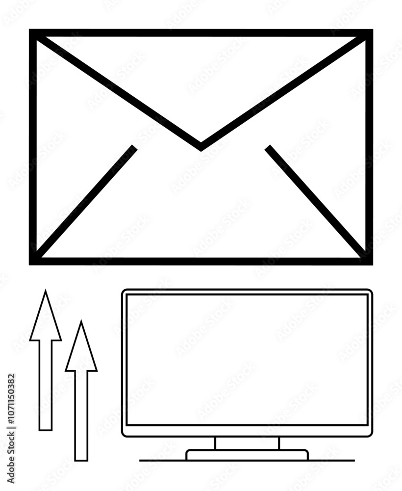 Large open envelope above blank desktop monitor beside two upward arrows. Ideal for email marketing, digital communication, online learning, tech presentations, growth strategies, business Large open envelope above blank desktop monitor beside two upward arrows. Ideal for email marketing, digital communication, online learning, tech presentations, growth strategies, business