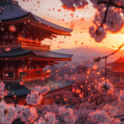 Cherry Blossoms Falling on Japanese Pagoda