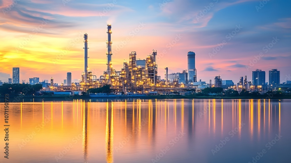 A city skyline is reflected in a body of water. The sky is orange and the water is calm A city skyline is reflected in a body of water. The sky is orange and the water is calm