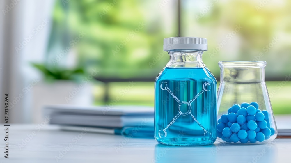 Closeup of blue pills spilling from a bottle beside refreshing glass of water, promoting health and hydration