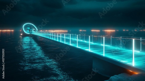 Futuristic Bridge with Transparent Pathways and Neon Lights