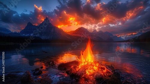 Campfire at Sunset with Mountain Reflections
