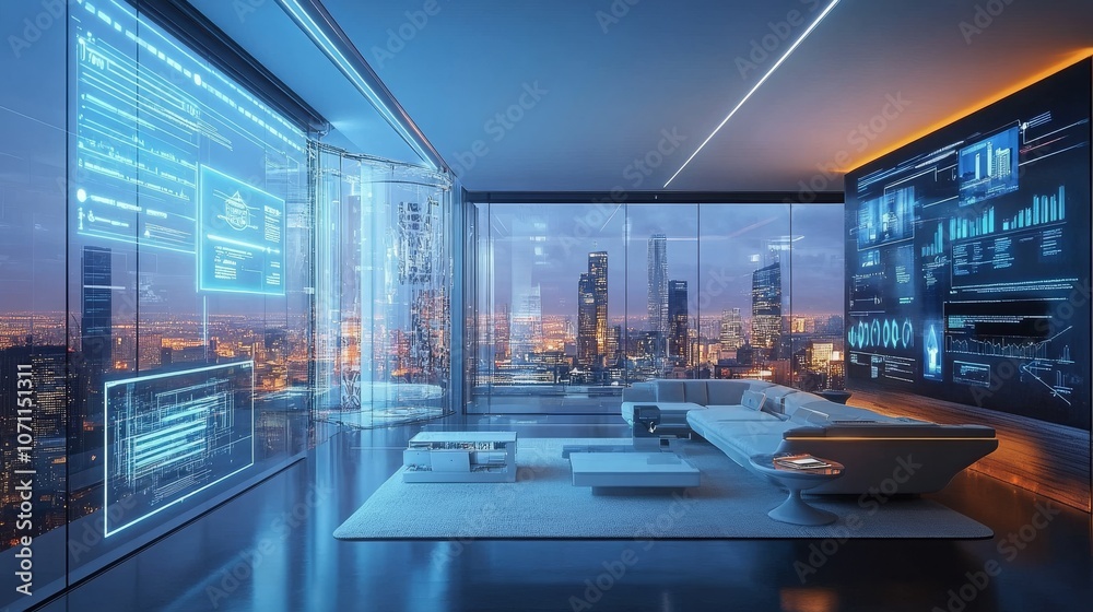 Obraz premium Futuristic Office with Holographic Displays