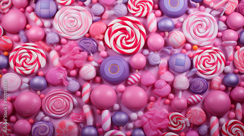 A vibrant array of pink and purple candies, including lollipops and spherical treats, creating a sweet and colorful backdrop. A vibrant array of pink and purple candies, including lollipops and spherical treats, creating a sweet and colorful backdrop.