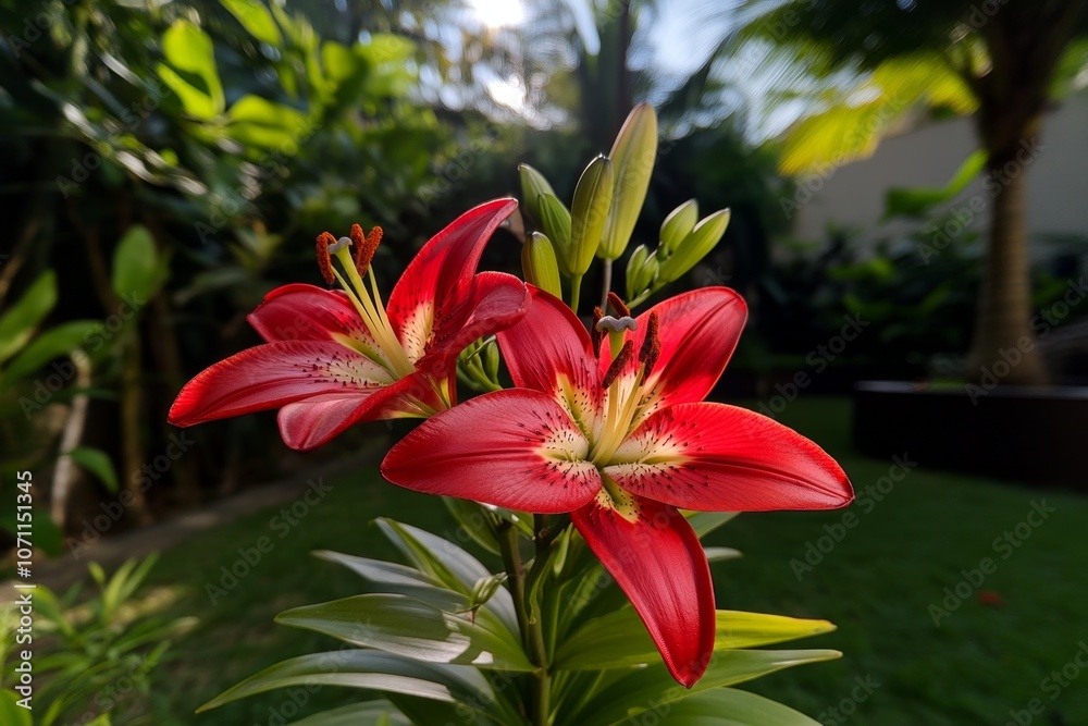 Vibrant red lilies in a garden, surrounded by green foliage and captured in natural sunlight Vibrant red lilies in a garden, surrounded by green foliage and captured in natural sunlight