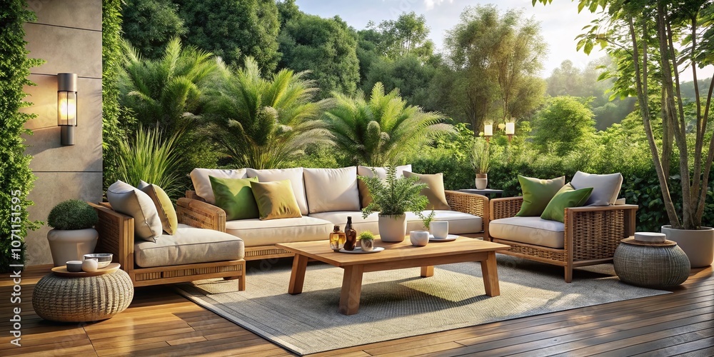 Fototapeta premium Serene Outdoor Living Room Decorated with Cozy Accents, Overlooking Nature's Scenic Beauty in a Picturesque Setting, Ideal for Relaxation and Refreshing Outdoor Gatherings