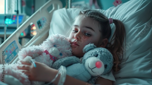 Cancer patient, a young girl in a hospital room hopefully holding a stuffed animal to her chest, her expression sad with an atmosphere of tenderness and affection photo