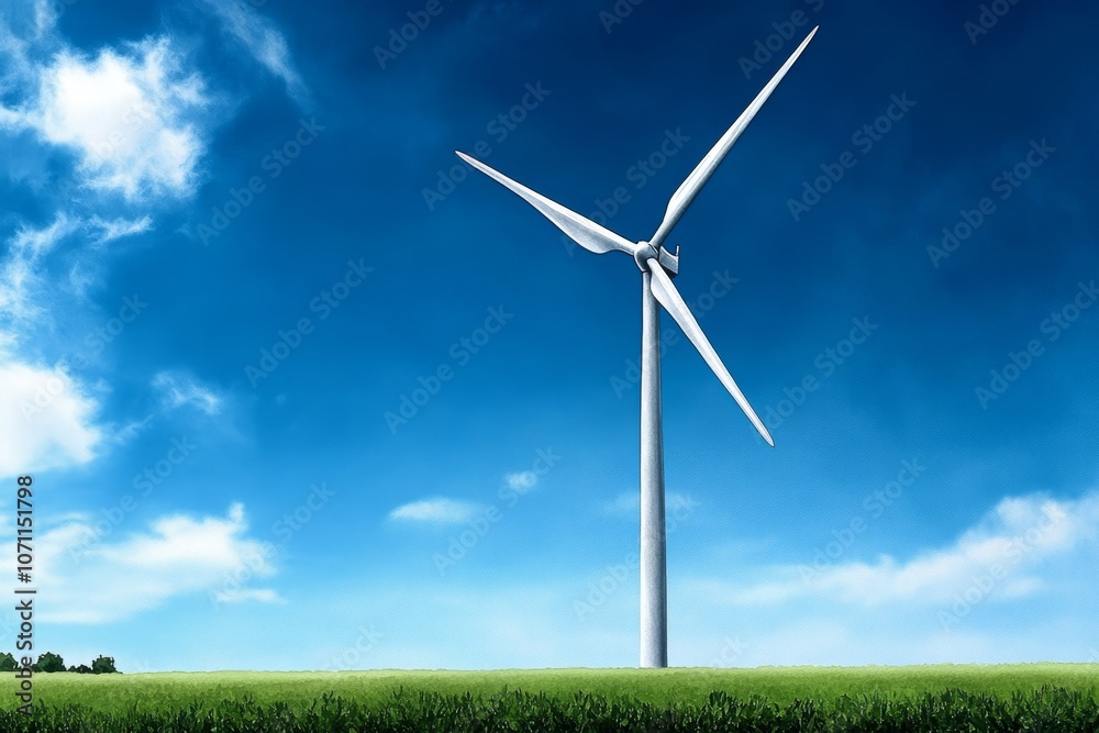 Watercolor painting of a wind turbine in a soft green field, with a gentle blue sky background Watercolor painting of a wind turbine in a soft green field, with a gentle blue sky background