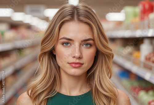 Blonde woman shopping in a supermarket with fresh products