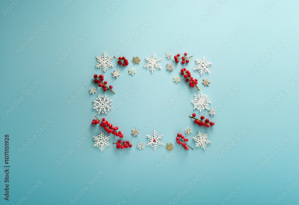 A blue background with white snowflakes and red berries arranged to form a square frame. A blue background with white snowflakes and red berries arranged to form a square frame.