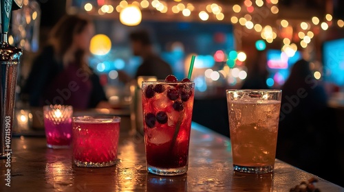 A dive bar wiith people having a holiday party with red drinks in hand. There is a festive red cranberry drink in the foreground. generative ai photo