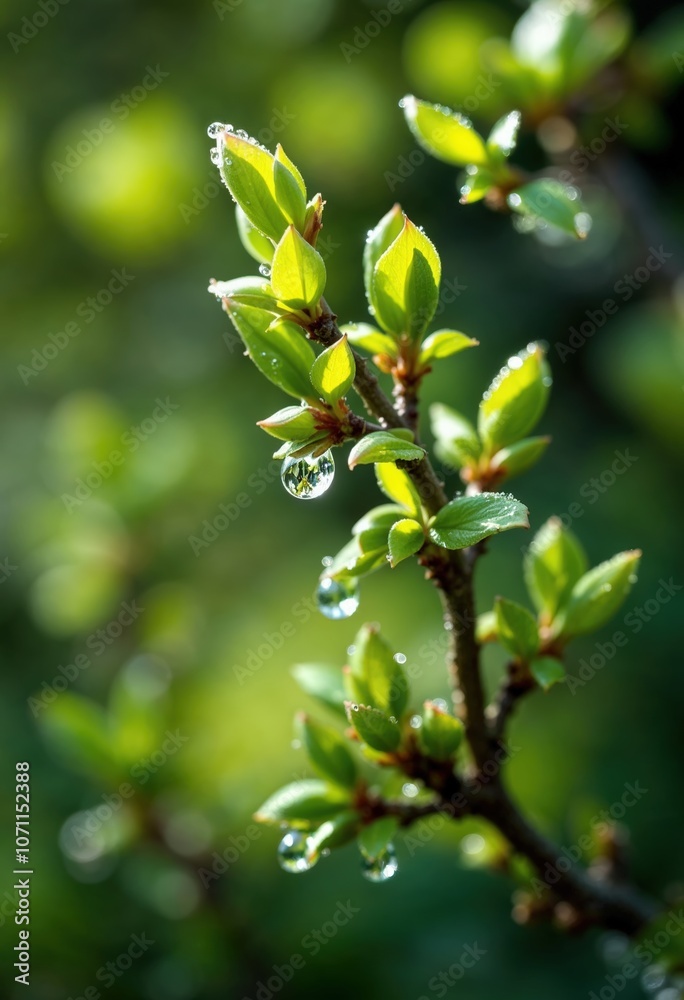 Fresh green leaves holding drops of dew in spring sunlight Fresh green leaves holding drops of dew in spring sunlight
