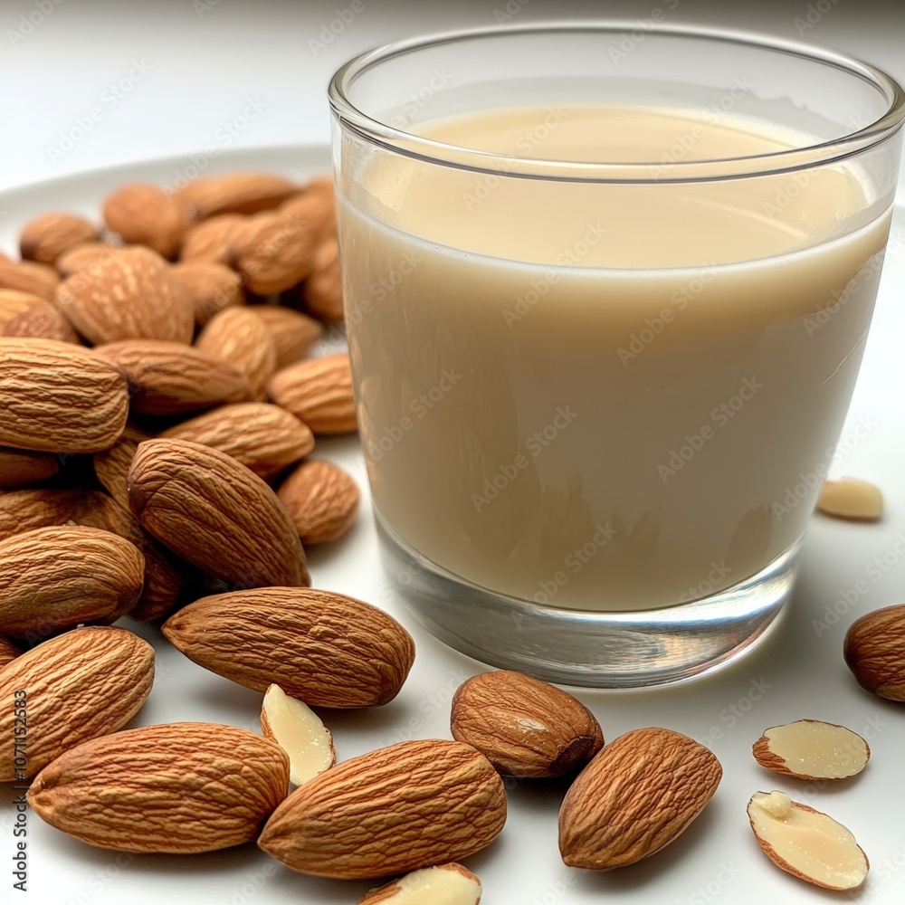 Nutritious Almond Milk and Raw Almonds - Healthy Vegan Dairy-Free Milk Alternative - Glass of Almond Milk with Whole Almonds on White Table Nutritious Almond Milk and Raw Almonds - Healthy Vegan Dairy-Free Milk Alternative - Glass of Almond Milk with Whole Almonds on White Table