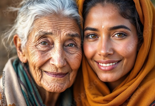 Happy indian woman posing with her grandmother showing multi generation love and affection