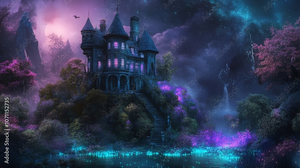 Obraz premium Surreal Mansion with Floating Rooms and Bioluminescent Lights