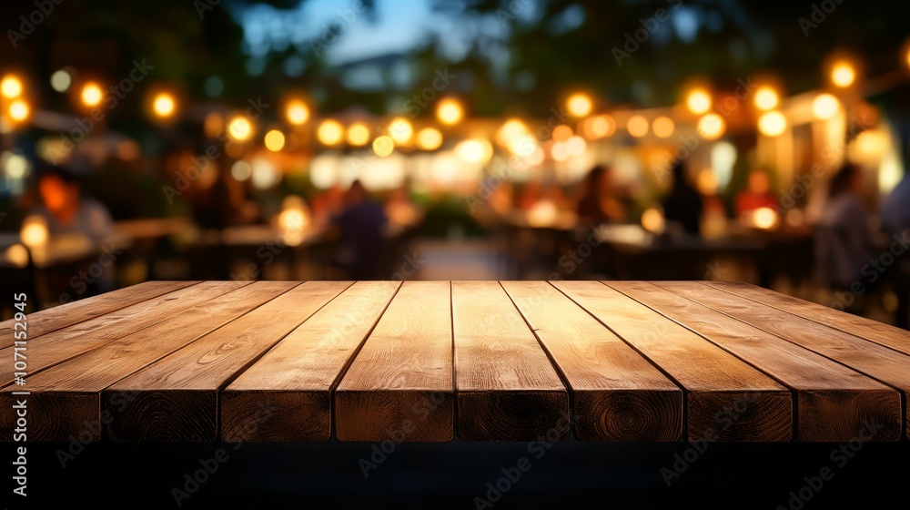 Rustic wooden table with a dreamy blurred background of twinkling lights, cozy and intimate setting Rustic wooden table with a dreamy blurred background of twinkling lights, cozy and intimate setting