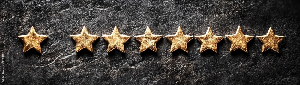 Five brilliant gold stars on a deep black background, symbol of excellence and achievement Five brilliant gold stars on a deep black background, symbol of excellence and achievement