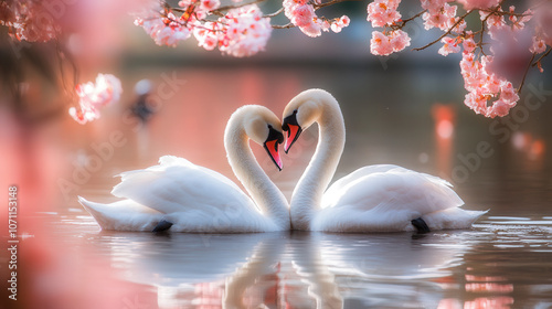 Graceful swans entwine necks in a tranquil lake surrounded by blooming cherry blossoms at sunset