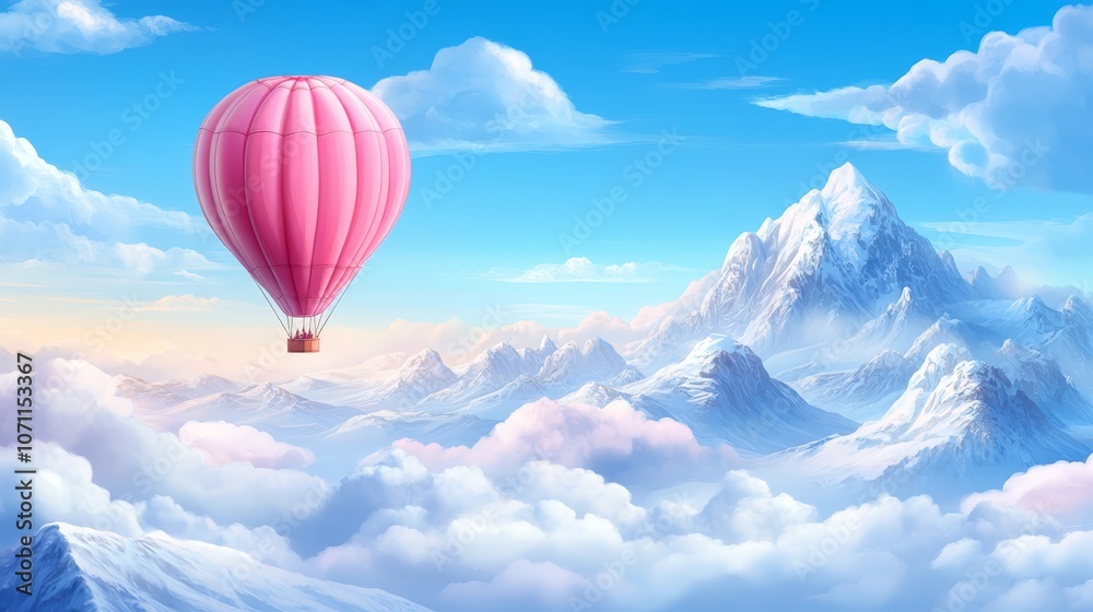 Fototapeta premium A pink hot air balloon adventure, soaring over majestic mountain peaks