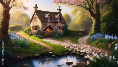 Stone cottage beautiful and cozy English Countryside fantasy Stone cottage in a spring forest aside a cobblestone  path and a babbling brook