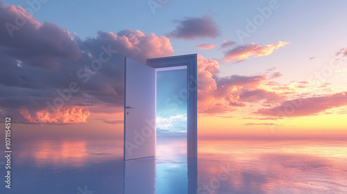 An open door leading to a vibrant sky and serene horizon at sunset, symbolizing new beginnings and possibilities