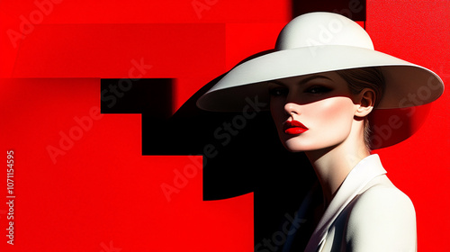 Woman in white with graphic background in minimalist high fashion setting black white and red