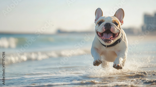 A joyful dog runs along the beach shore, splashing in the gentle waves during a sunny day