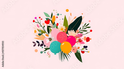 Colorful balloons and flowers create joyful celebration design