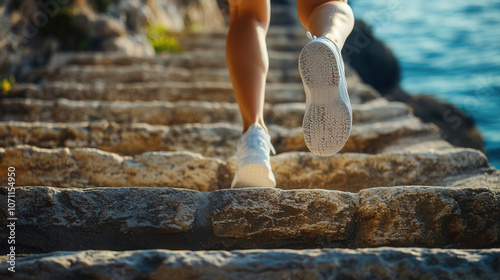 A person runs up a rocky staircase along the coast, enjoying a sunny day by the water in a scenic outdoor location