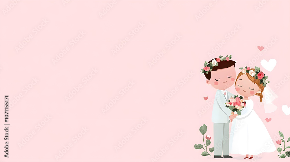 Charming cartoon bride and groom hugging, dressed in wedding attire, surrounded by flowers and Charming cartoon bride and groom hugging, dressed in wedding attire, surrounded by flowers and