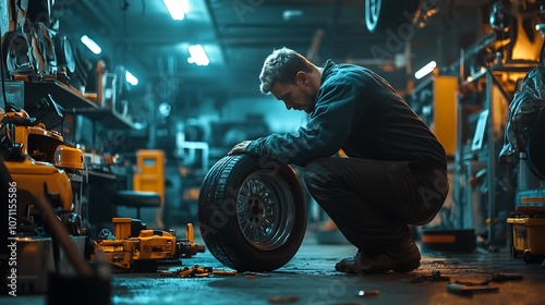 Mechanic inspects tire for optimal performance