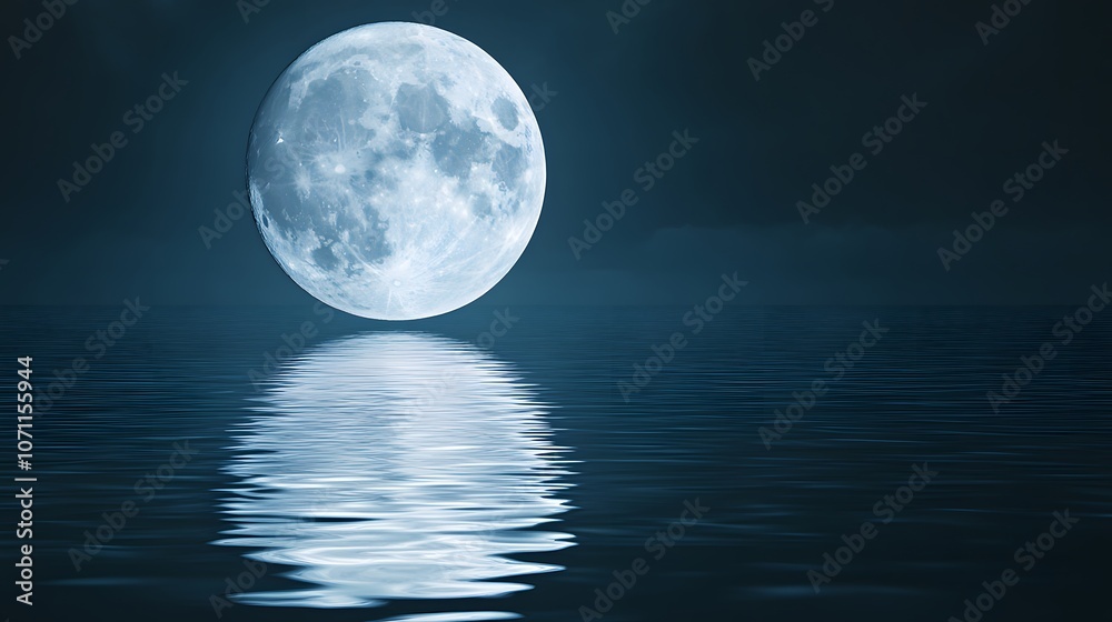 Full Moon Reflected in Calm Ocean Waters at Night