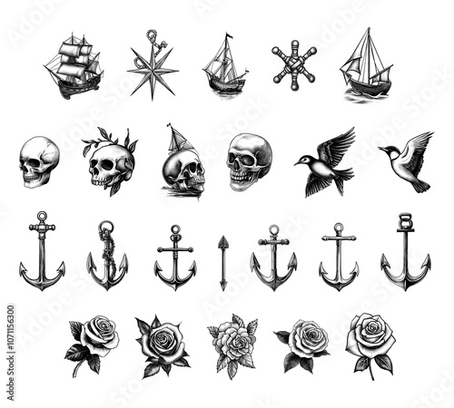 collection of nautical tattoo elements, skulls, anchors, ships, flowers and birds photo