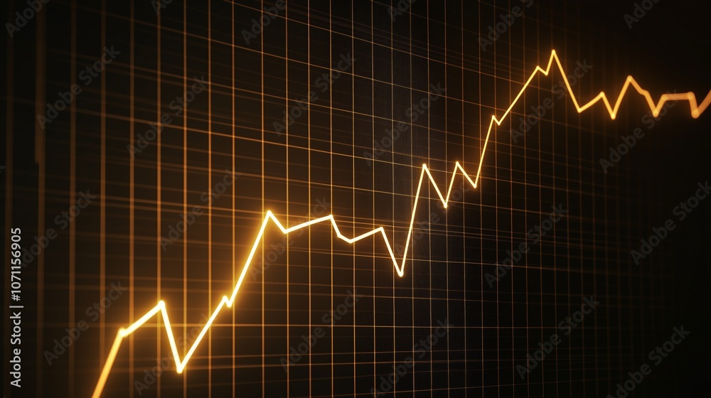 Naklejka premium Dynamic golden stock market chart illustrates growth and fluctuations, providing insights into market trends and investment performance on a digital display