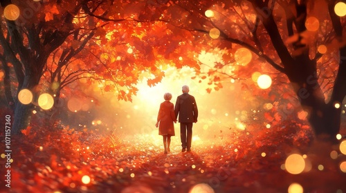 Golden Years, Autumn Stroll Elderly Couple Enjoys Romantic Walk Through Forest with Bokeh Lights