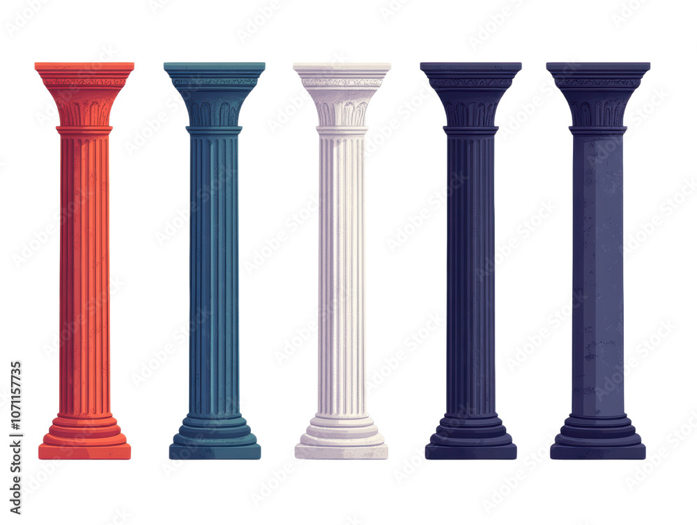 Fototapeta premium Colorful decorative columns in various styles and shades, isolated on a white background, transparent background.