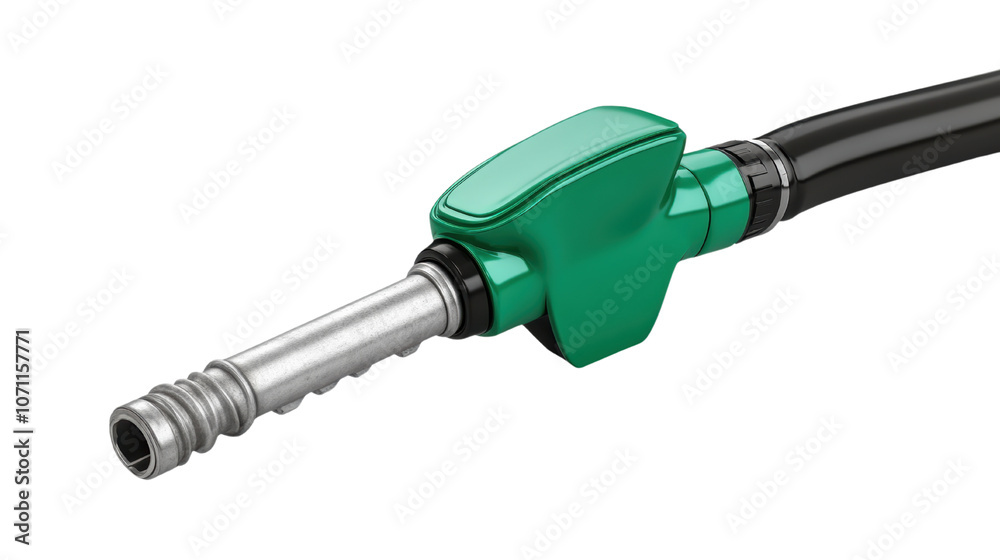 Green fuel nozzle with metallic tip for refueling vehicles isolated on a white background, transparent background. Green fuel nozzle with metallic tip for refueling vehicles isolated on a white background, transparent background.
