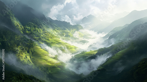 Misty valley with lush green hills