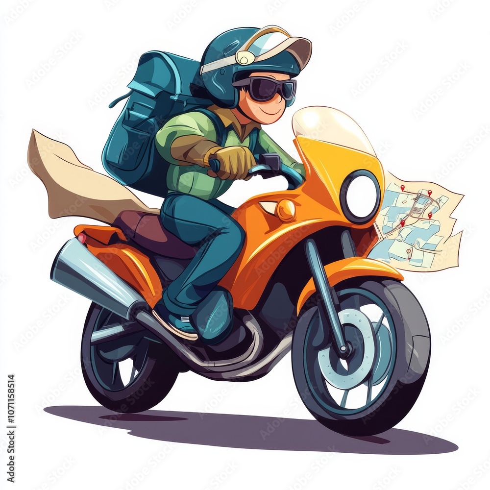 Cartoon Courier Riding a Motorbike with Map Cartoon Courier Riding a Motorbike with Map