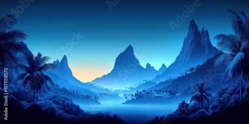 Stunning Blue Tropical Mountain Landscape with Serene River, Lush Palm Trees, and Mysterious Peaks at Sunrise in Mystical Nature Paradise