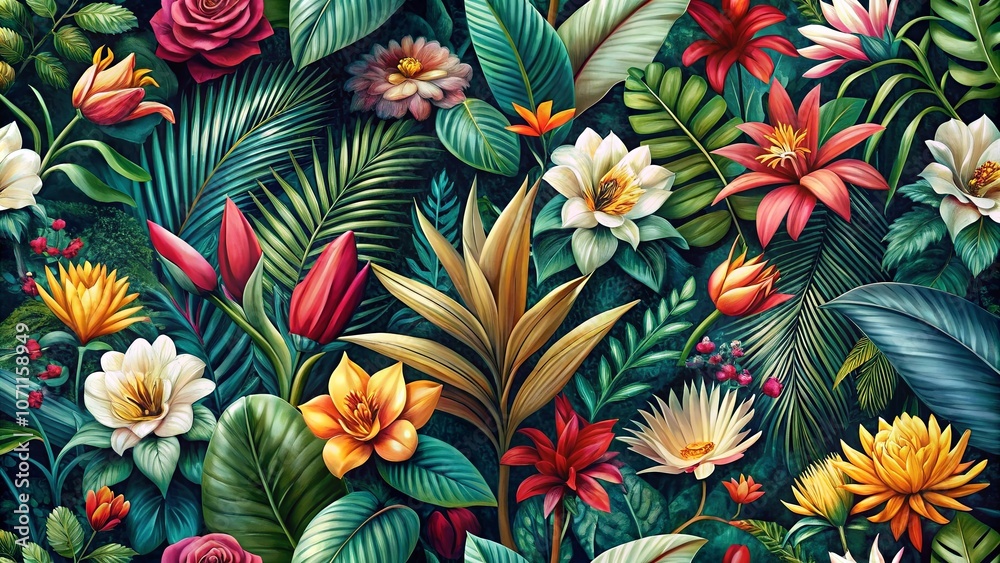 Naklejka premium A Verdant Tapestry of Blossoms and Lush Foliage, Interwoven with Vibrant Hues and Intricate Details