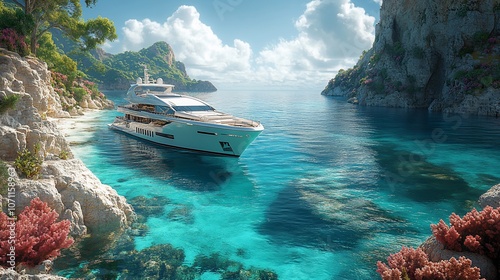 Luxury yacht anchored in a secluded cove with clear turquoise waters and rocky cliffs.
