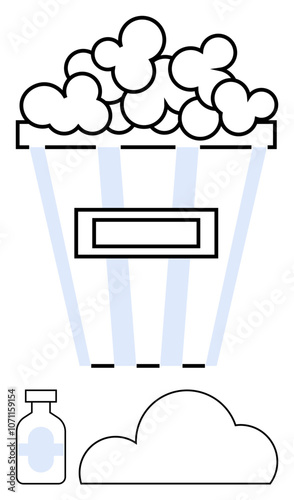 Retro-style popcorn bucket filled with popcorn, accompanied by a soda bottle and a cloud shape beneath. Ideal for movie nights, cinemas, entertainment, snack bars, fast food, nostalgic themes