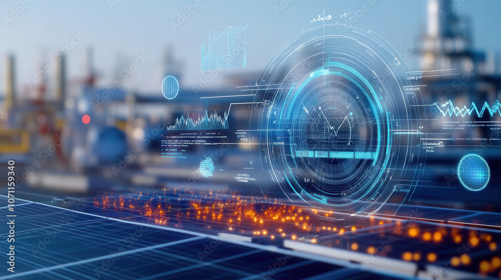 futuristic digital interface overlaying solar farm with data visualization, showcasing technology and innovation in renewable energy futuristic digital interface overlaying solar farm with data visualization, showcasing technology and innovation in renewable energy