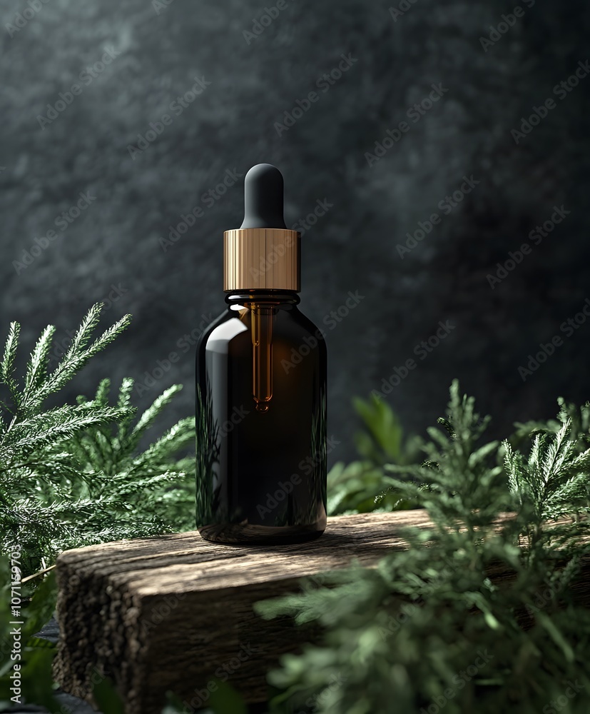 A Glass Dropper Bottle with a Gold Lid on a Wooden Log Surrounded by Greenery. Mockup cosmetic skincare, product A Glass Dropper Bottle with a Gold Lid on a Wooden Log Surrounded by Greenery. Mockup cosmetic skincare, product