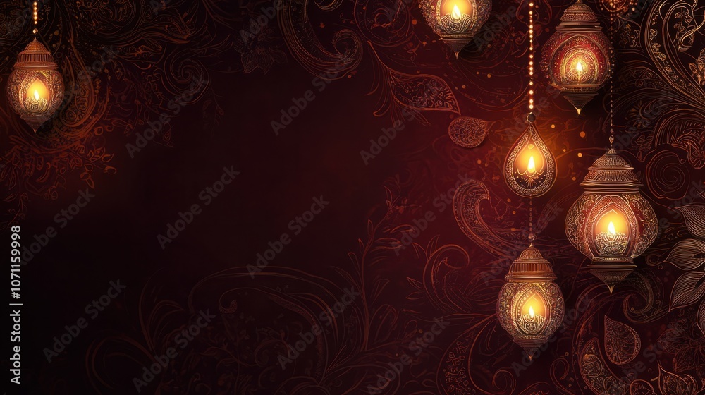 Traditional Diwali card with glowing lanterns and intricate paisley designs, set on rich maroon Traditional Diwali card with glowing lanterns and intricate paisley designs, set on rich maroon
