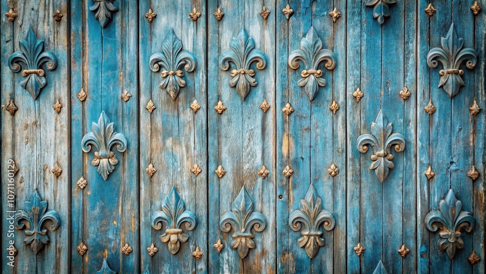 An intricate design of carved floral motifs adorns a weathered blue wooden surface, creating a striking and timeless aesthetic. An intricate design of carved floral motifs adorns a weathered blue wooden surface, creating a striking and timeless aesthetic.